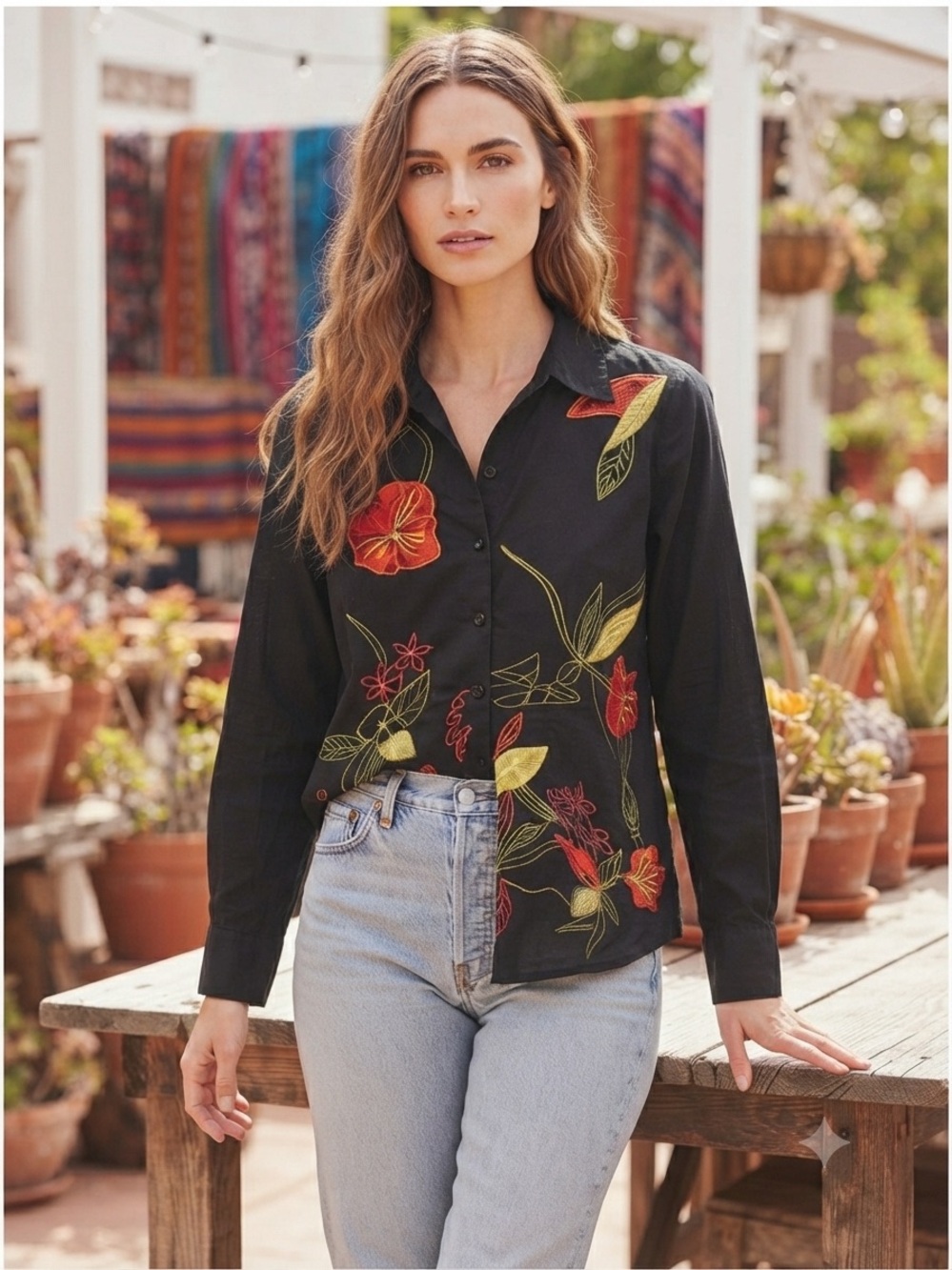 Indigo Black Button-Down Shirt with Red & Yellow Floral Embroidery